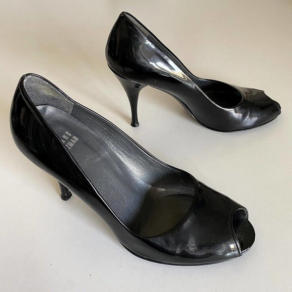 Stuart Weitzman Peep Toe Pump Patent Leather Black Slim Heel Slip On 6 M… - Picture 2 of 8